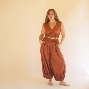 La Lou Linen Blend Matching Set – Wrap Top + Balloon Pants | Cinnamon | Boutique